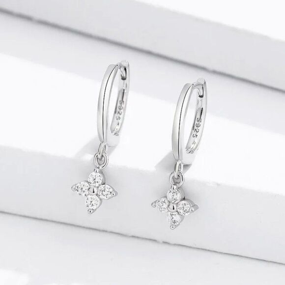 Dainty Crystal Flower Charm Hoop Earrings in Silver - Picture 1 of 6